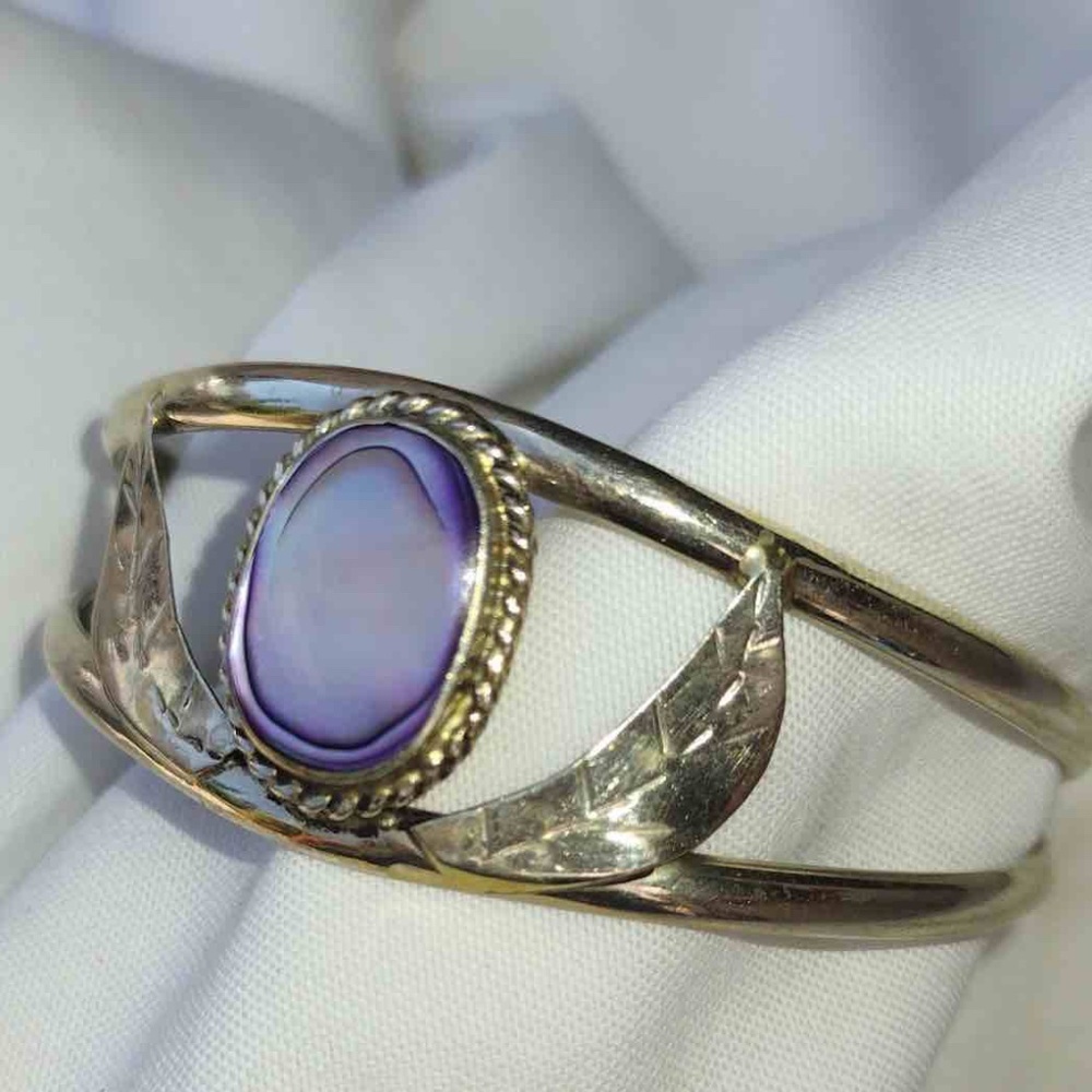 Vintage Skinny Double Band Alpaca Cuff with Purple / Pink Stone Mexican Bohochic